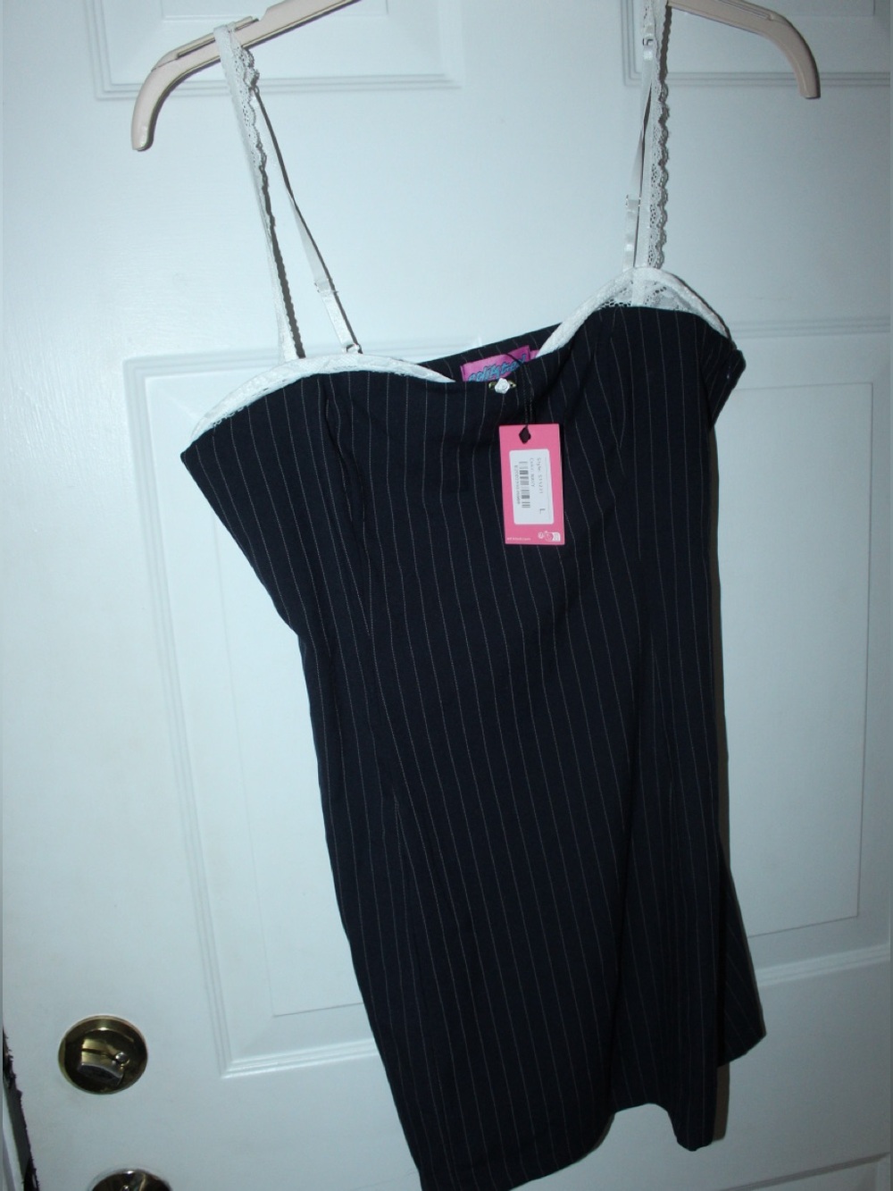 Edikted Black Pinstripe Slip Dress with White Lace Trim